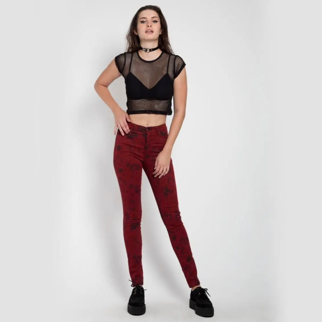 Wine Red High-Waisted Floral Skinny Jeans by Tripp NYC