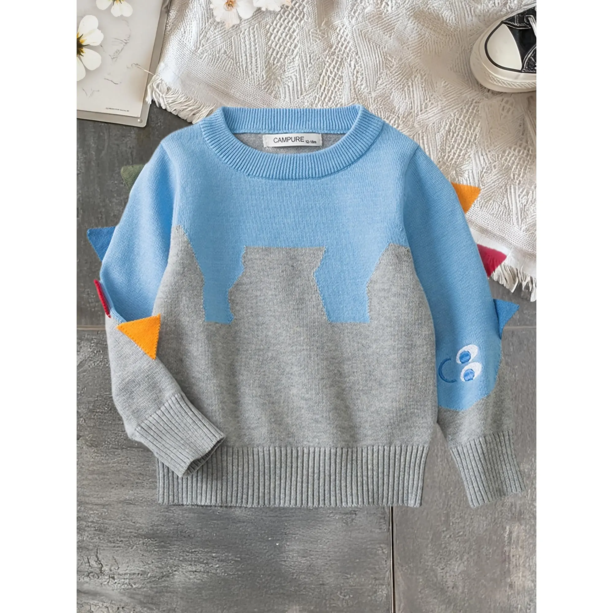 Boys' Embroidered Dinosaur Knit Sweater - Soft Slim Fit Round Neck Long Sleeve, Light Blue & Grey Colorblock, Hand Washable Autumn Winter Casual Top