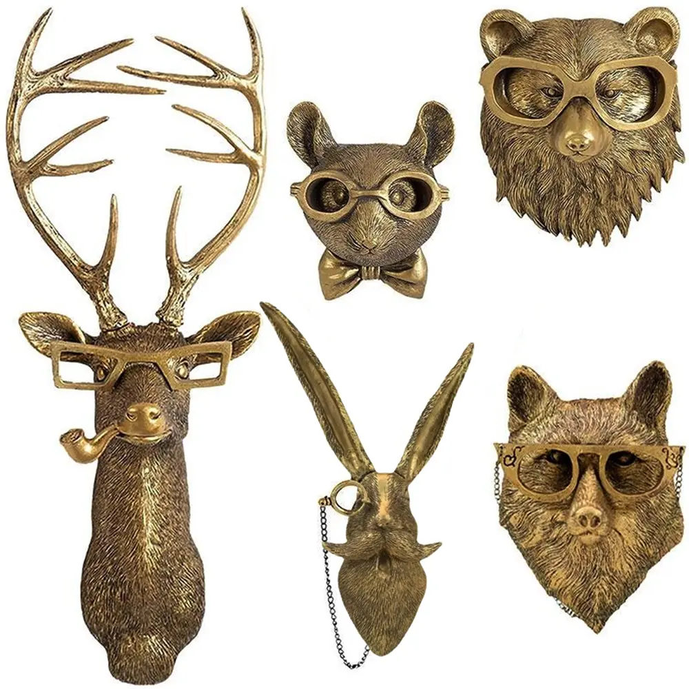 Animal Heads Wall Decor, Gold Vintage Decor Sculpture Resin Animal Head Wall Hanging Unique Art for Living Room, Bedroom, Kitchen, Gift, Home Decor, Wall Decoration, Resin Hanging Ornament, Decorative Hanging Piece, Home Ornaments
