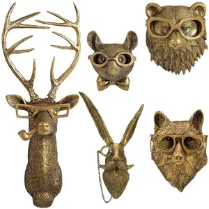 Animal Heads Wall Decor, Gold Vintage Decor Sculpture Resin Animal Head Wall Hanging Unique Art for Living Room, Bedroom, Kitchen, Gift, Home Decor, Wall Decoration