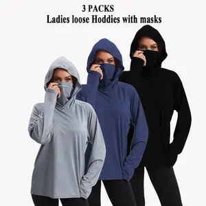 3 PACKS women's Athletic  Loose Hoodies Long Sleeve Fishing Shirts for Men Hooded Set with Face Mask