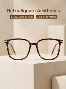 Vintage Tortoise Shell Square Frame Glasses, Metal Temple Decorative Sunglasses, Unisex Fashion for Commute, School, Dating, Street Style