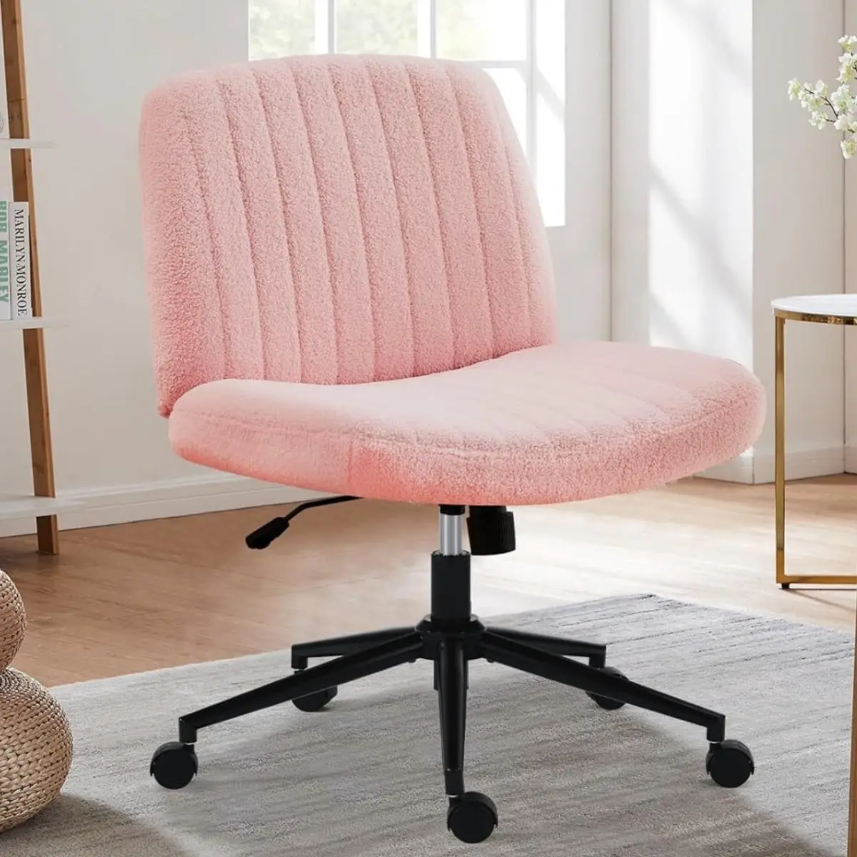 Cross-Legged Fabric chair with Wheels, Cute Armless Office Desk Vanity Chair, Swivel Height Adjustable Wide Seat Chair with Comfy Padded