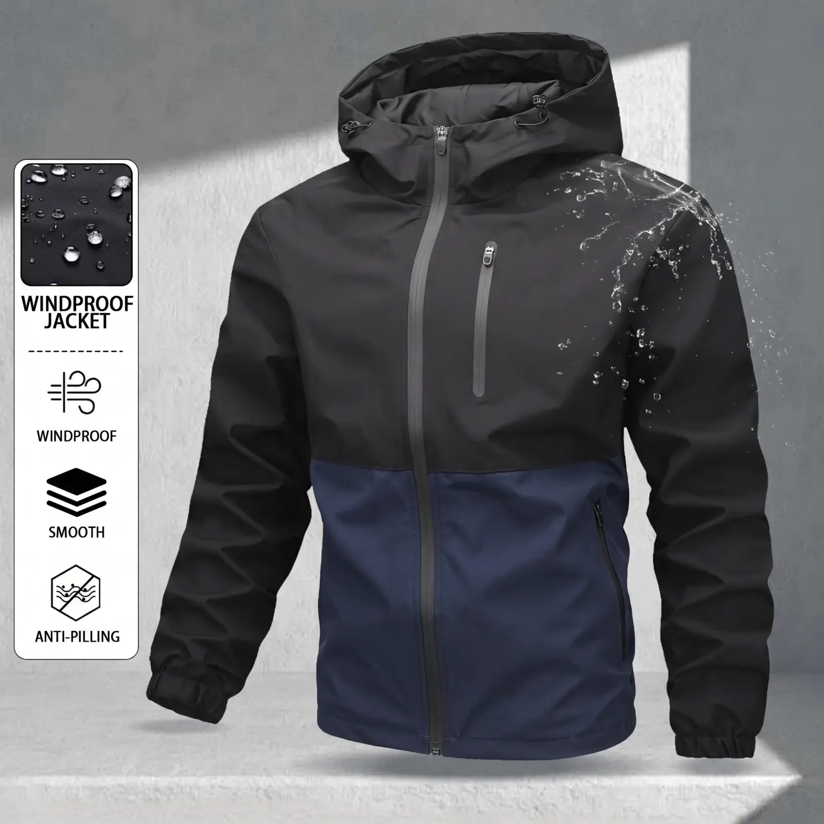 Men’s hooded waterproof windproof jacket, lightweight outdoor rainwear with zipper closure, suitable for hiking and everyday wear, loose and comfortable fit, soft fabric, casual style, comfortable for cycling and fishing.