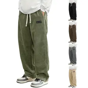 Unisex Corduroy Casual Pants Fashion Loose Fit Wide Leg Pants Straight Sweatpants Elastic Waist Drawstring
