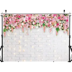 7X5FT White Brick Wall  Backdrops Spring Theme Photography Background for Mother's Day Valentine Wedding Bridal  Shower Birthday Party Decor Banner Portrait Photo Booth Prop DH-270