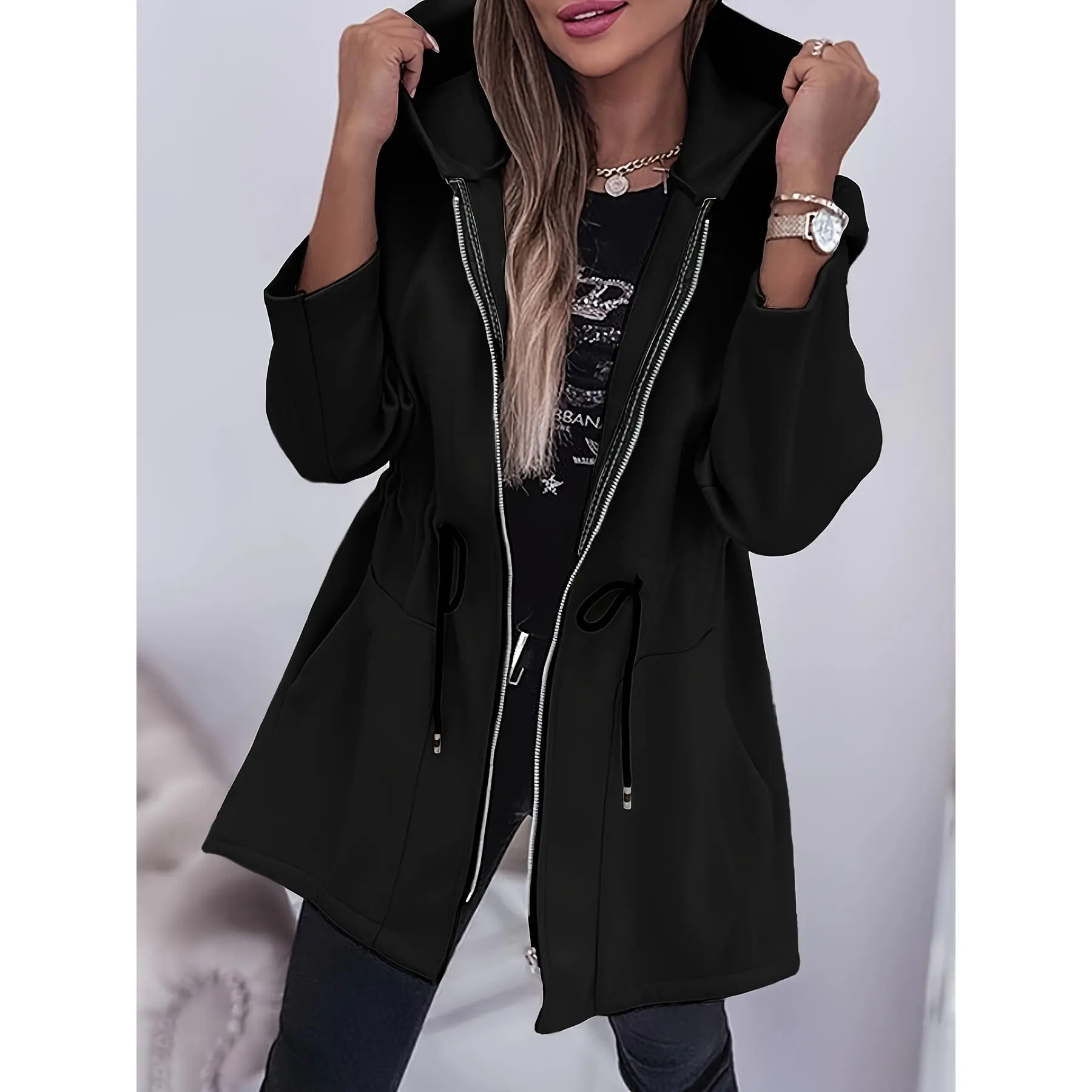 Solid Color Zip Up Jacket, Casual Long Sleeve Hooded Drawstring Waist Jacket For Spring & Fall, Women's Clothing