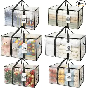 Extra Large Heavy Duty Moving Storage Bags, Clear Waterproof Clothes Totes with Reinforced Handles & Double Zipper, Foldable Packing Organizer for College Dorm, Moving Supplies, Bedding Closet Storage, Alternative to Moving Boxes