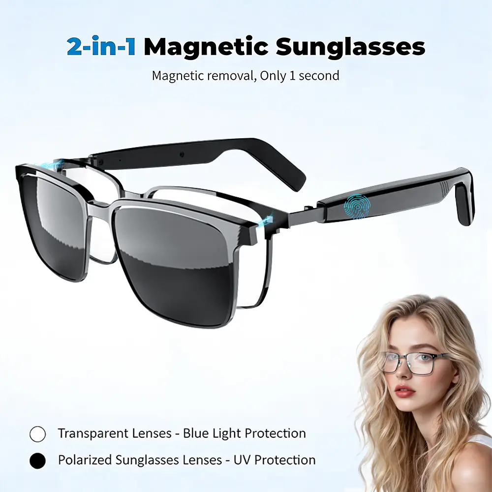 Smart Bluetooth 5.4 Open-Ear Audio Glasses with Built-in Speakers, Touch Control, Voice Assistant, Hands-Free Calls, Music Playback, Magnetic Dual Lenses, UV Protection, Blue Light Blocking, Waterproof, Sweatproof, Durable Design for Driving, Wearable, Wi