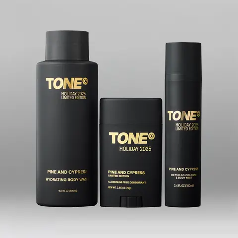 TONE Holiday Scent Essentials Collection - 48-Hour Fresh Scents Bath & Body Care Set, Aluminum-Free Deodorant, Hydrating Scented Aroma Cleanser, Travel Cologne, Travel Safe