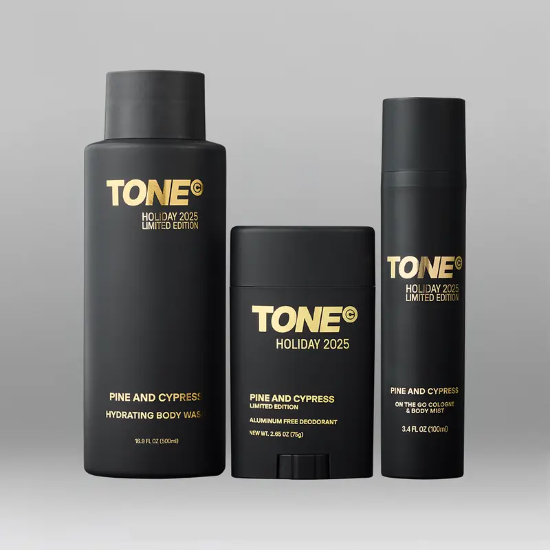 TONE Holiday Scent Essentials Collection - 48-Hour Fresh Scents Bath & Body Care Set, Aluminum-Free Deodorant, Hydrating Scented Aroma Cleanser, Travel Cologne, Travel Safe