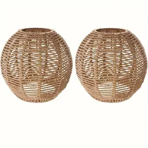 "2pcs Modern Rattan Basket Chandelier Lamp Shades - Woven Fabric Pendant Light Fixture Covers for Home, Restaurant, Cafe & Teahouse Decor - 5.89""W x 5.51""H -  For Interior Design Enthusiasts - Perfect Gift for Housewarming"