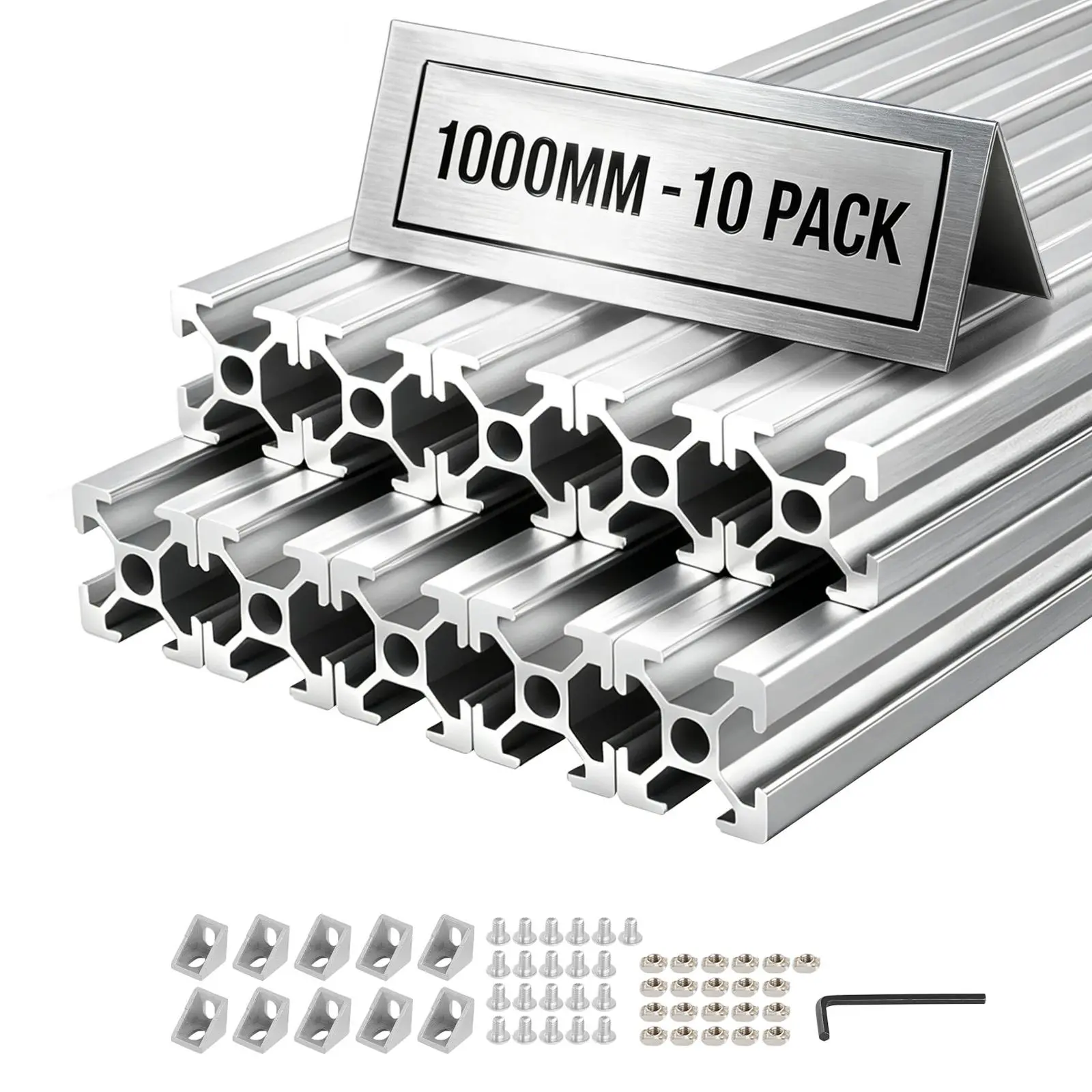 VEVOR 10PCS 39.37in 2020 European Standard 6063-T5 Anodized Aluminum Extrusion Profiles, High-Strength Burr-Free Slots Linear Rails, No-Welding DIY Solution for Makers, T-Nuts Fit, Silver High-Precision for 3D Printers & Display Racks