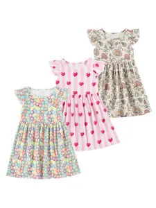 Girls Heart Print Striped Summer Dress - Flutter Sleeve Casual A-Line Sundress for Kids 3-12Y