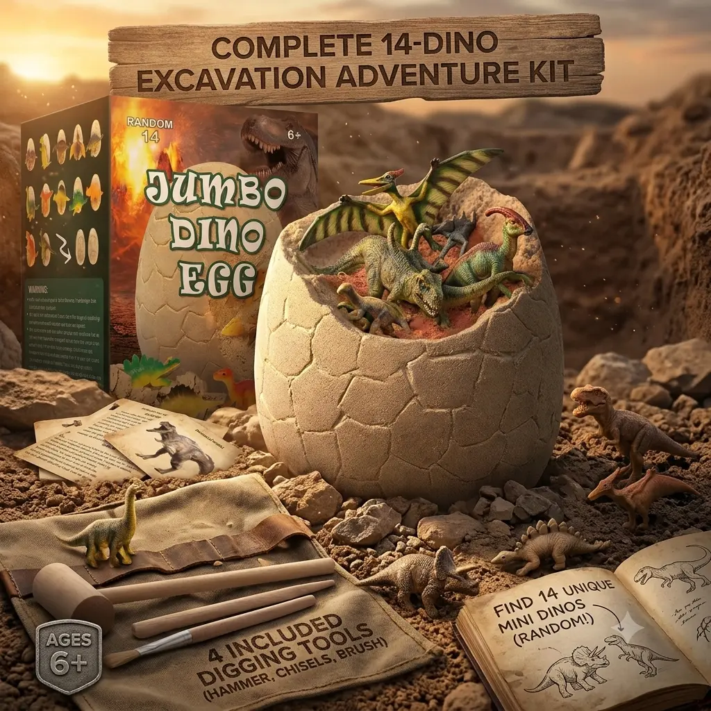 Jumbo Dinosaur Egg Dig Kit for Kids, Excavate 14 Unique Mini Dinosaurs with 4 Digging Tools & Learning Cards, STEM Educational Archaeology Science Toy, Perfect Birthday Easter Gift for Boys & Girls Ages 6-12