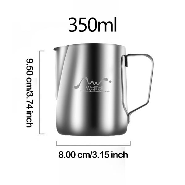 Milk Frothing Pitcher 350ml Stainless Steel for Latte Art Beginners 0.8mm Thick Dripless Spout Dual Measurement Lines Ergonomic Handle Perfect for Coffee Jugs