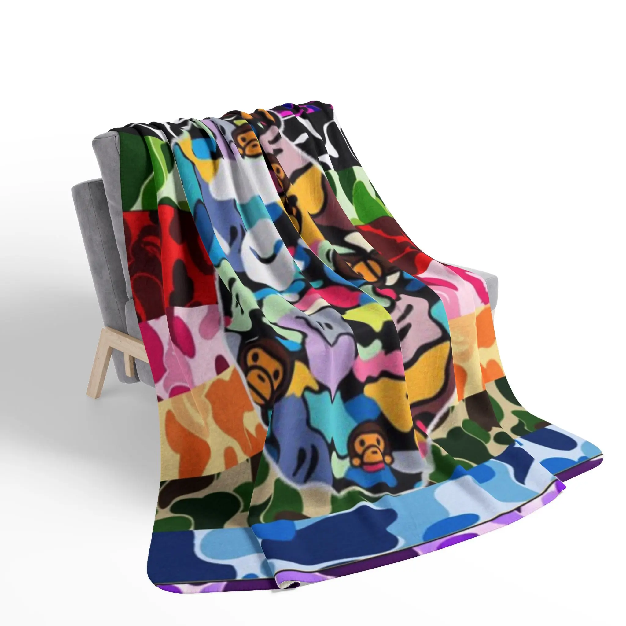 Colorful Camo Streetwear Flannel Throw Blanket Soft Baby Milo Ape Aesthetic Fleece Blanket for Bed Couch Decor