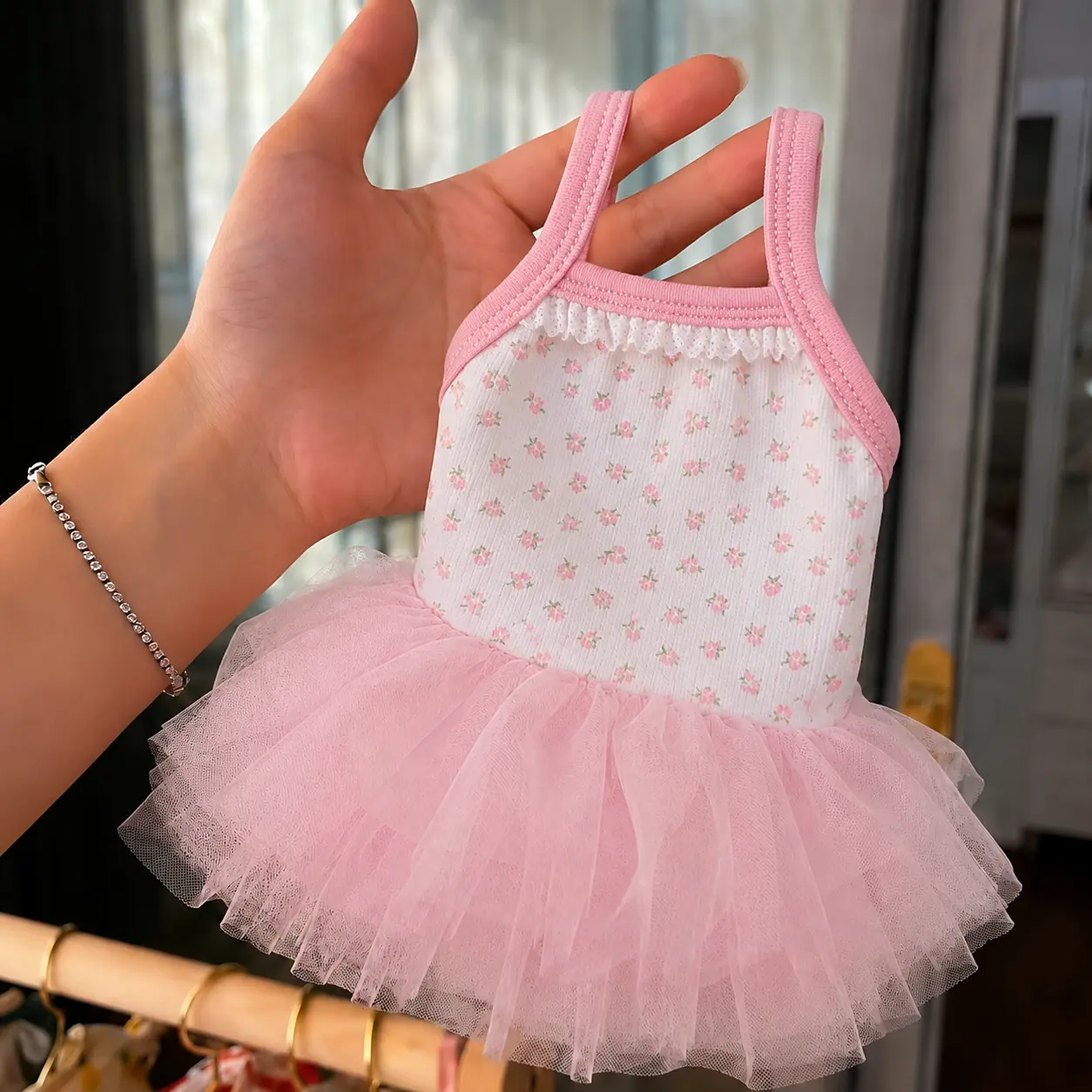 Polyester Pink Tulle Pet Dress with Floral Lace - All-Seasons Valentine’s Day & Party Outfit for Small Dogs, Cats