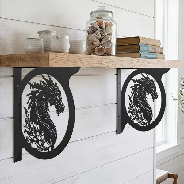 Dragon-Motif Openwork Floating Shelf Brackets (Set of 2) — Sturdy, durable, and easy-to-install wall-mounted brackets blending Asian Zen aesthetics; suitable for storage and decorative display in kitchens, bathrooms, bedrooms, and balconies.
