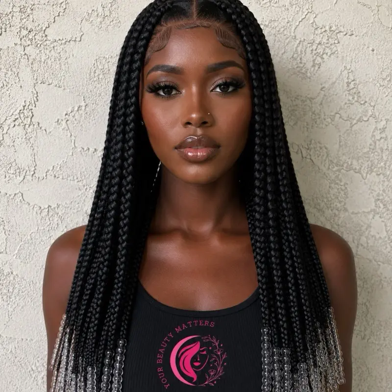 Lace Front Braided Wig - Made with Lace Frontal Human Hair Black, Wig with Clear Beads, Baby Hair, Pre-Plucked Realistic Pre-Plucked Design, Natural Look for Daily Wear