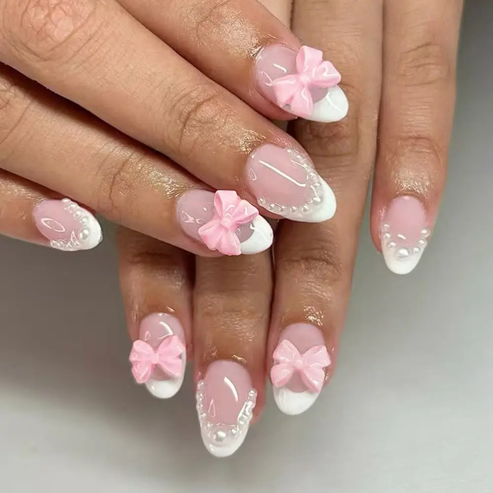 Elevate Your Style with 24pc Short Oval French Nail Set, Sweet Pearl Design, Glossy Finish, Perfect for Women & Girls