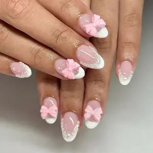 Elevate Your Style with 24pc Short Oval French Nail Set, Sweet Pearl Design, Glossy Finish, Perfect for Women & Girls