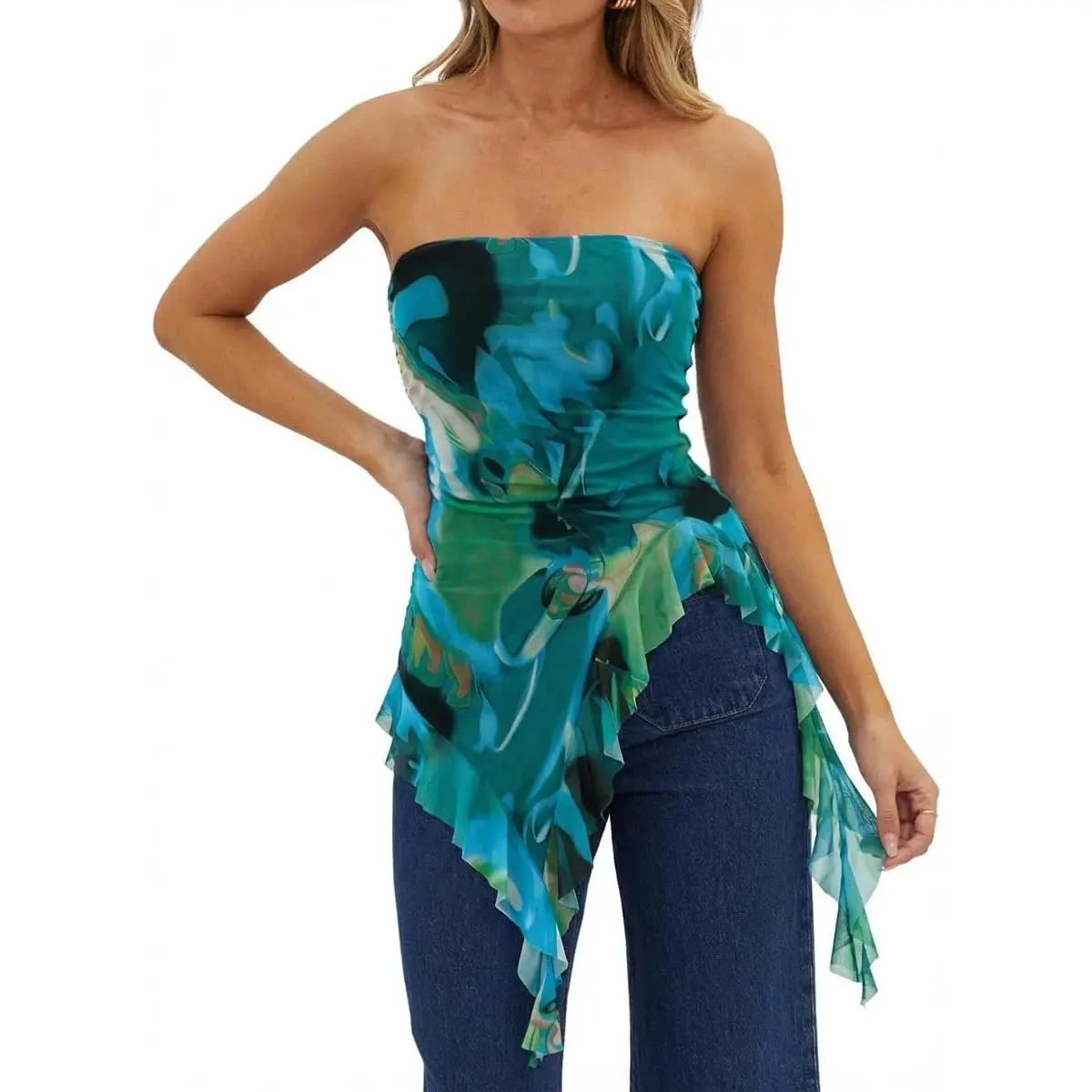 TANKANEO Women's Sleeveless Strapless Tube Top - Straight, Sexy, Comfortable, Fit Summer Asymmetrical Long Ruched Mesh Bandeau with Y2k Ruffle Hem for Going Out