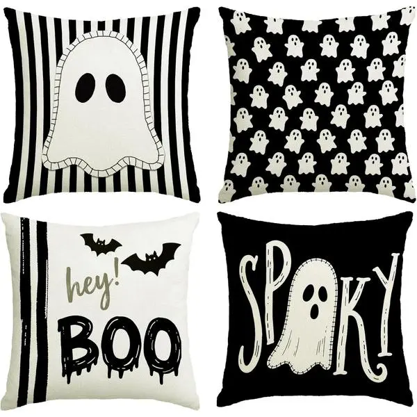Spooky Halloween Pillow Covers - 18x18 in, Set of 4 High-Quality Linen Cushion Cases with Hidden Zipper, Farmhouse Saying Hey Boo Cute Ghost Black Striped for Home/Sofa/Couch Bed Chair