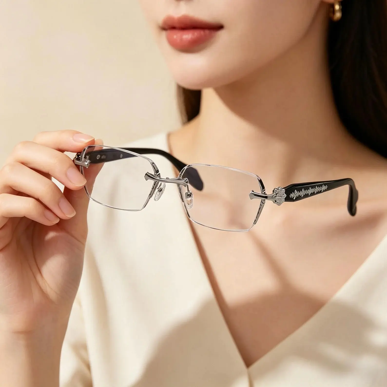 Vintage Cross Pattern Rimless Blue Light Blocking Eyeglasses Frames - Silver Metal Frameless Lens Chic Stylish Eyewear for Men, Black Temples Glasses Fashion, Reduces Eye Strain for Casual Outings, Daily Wear