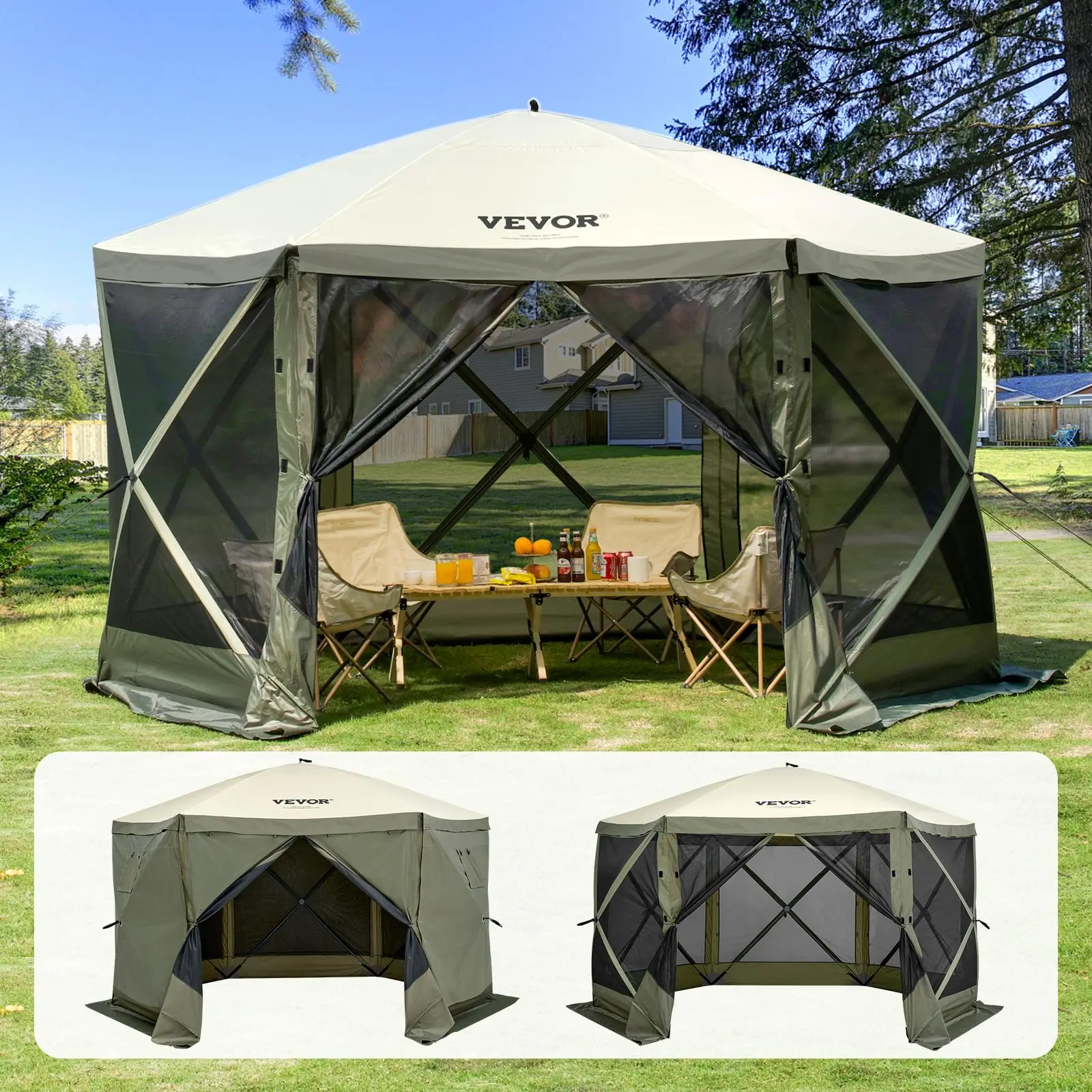 【SummerFinds】VEVOR Pop Up Gazebo Tent, Pop-Up Screen Tent 6 Sided Canopy Sun Shelter with 6 Removable Privacy Wind Cloths & Mesh Windows, 12x12FT Quick Set Screen Tent with Mosquito Netting, Army Green