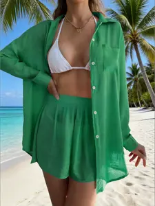 Women's Solid Button-Front Pocket Sheer Cover-Up Shirt & Shorts Set, Casual Drop-Shoulder Long-Sleeve Top & Shorts for Beach Vacation, Ladies Summer Swimwear Clothes Green