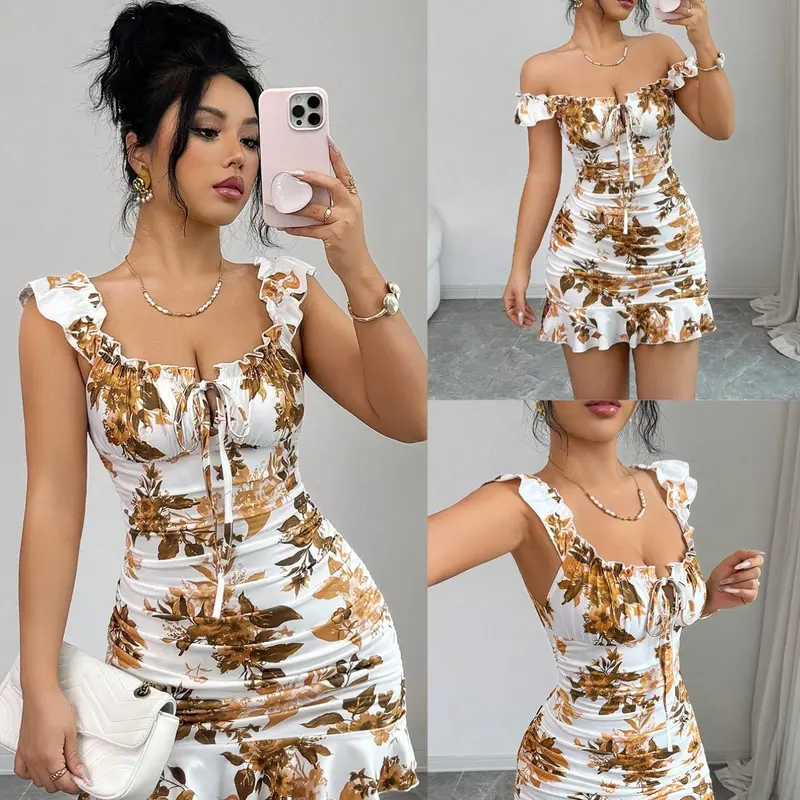 Women's Knitted Floral Print Slim Fit Mini Dress, Boho Style with Bow Design and Bohemian Ruffle, Elegant Halter Neck, Perfect for Daily Wear, Beach, Parties