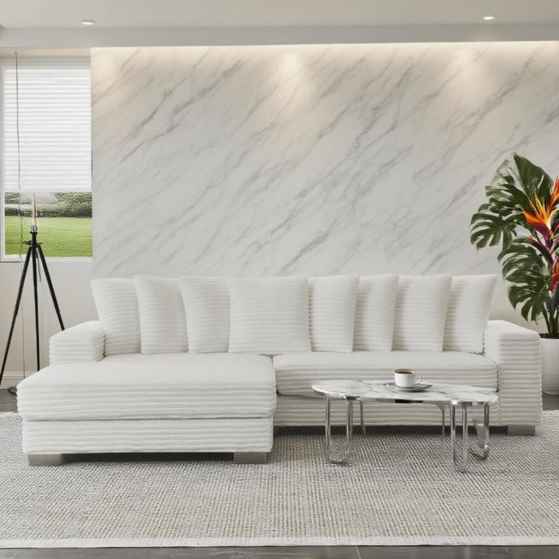 【3 Packages Shipping】 Niccae 111.63'' Oversized L-Shaped Corduroy Sofa (L/R Chaise + 8 Pillows + Adjustable Ottoman) – Easy Assembly, Cloud-Like Living Room Comfort