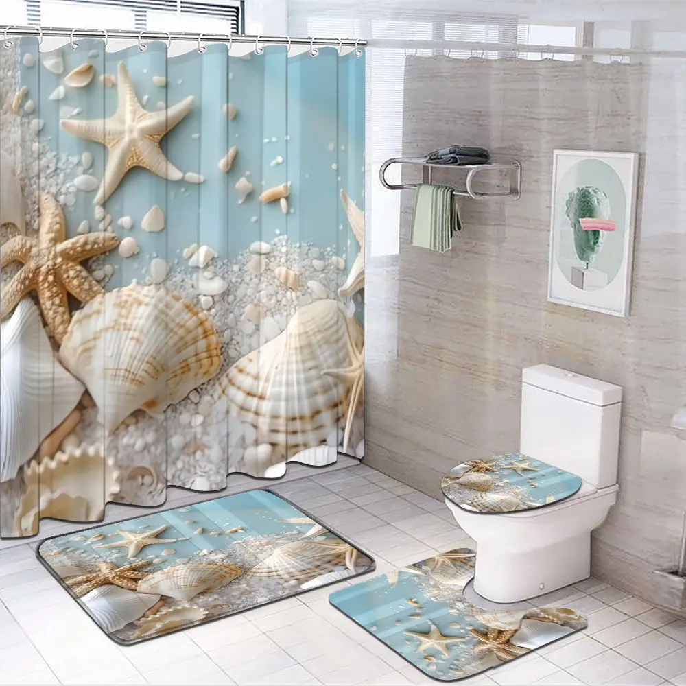 Set of 1/4pcs Shower Curtain Featuring a Sea Star Shell Design, Made from Polyester And Includes 12 Hooks. It Comes with a Non-Slip Floor Mat, a U-Shaped Toilet Pad, And a Lid Pad, Perfect for Room Decoration And Bathroom Additions
