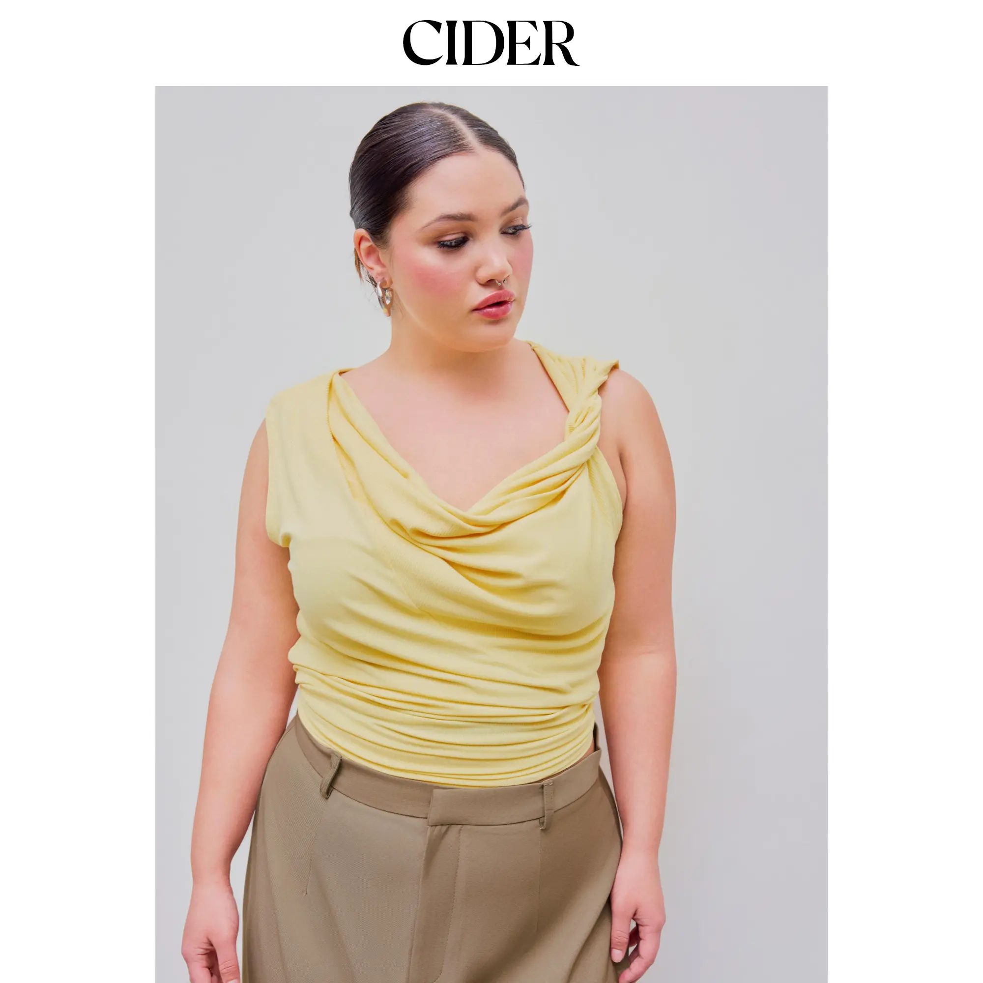 Cider [3 colors, size 2-26] Cowl Neck Solid Ruched Crop Tank Top Curve & Plus