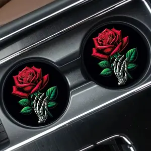 Fashion Car Coasters, Skull & Rose Pattern Car Cup Holder Coaster, 2 Counts/set Car Interior Decoration Accessories, Car Auto Accessory for Women & Men