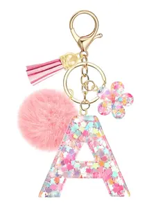 Fashion Resin Keychain with Cute Flower Ball Tassel Pendant, Letter Charm Keyring for Girls Women, Casual Style Gift Accessory