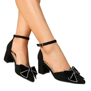 Women Classic All-Over Suede Pointed Heels, Rhinestone Wrapped Bow Secure Ankle Strap Block Heels, Versatile Formal Heels Matching All Dresses