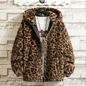 Men's Leopard Print Handsome Imitation Mink Hooded Jacket Fleece-Lined Warm