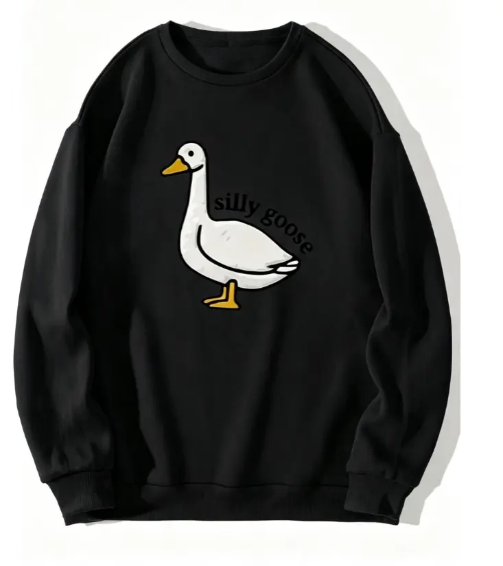 Silly Goose Print Crew Neck Fleece Sweatshirt Warm Pullover For Men Solid Color Sweatshirts For Winter Fall Long Sleeve Tops Cute Cute