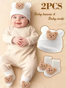 2 PCS Baby Bear Beanie Hat & Socks Set, Essentials, Soft Knit Newborn Infant Hat with Cute Bear Ears for Baby Boys Girls, 0-3 Months, Gift