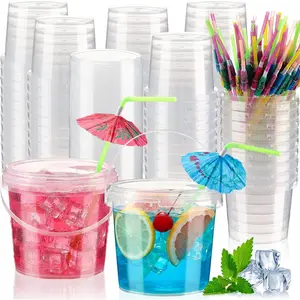 Funnymoom 60 Pack 25 oz Clear Plastic Drink Buckets with Umbrella Straws Reusable Clear Drink Cup Cocktail Rum Ice Cream Beverage Containers with Lids Handles for Tropical Summer Party Beach Pool