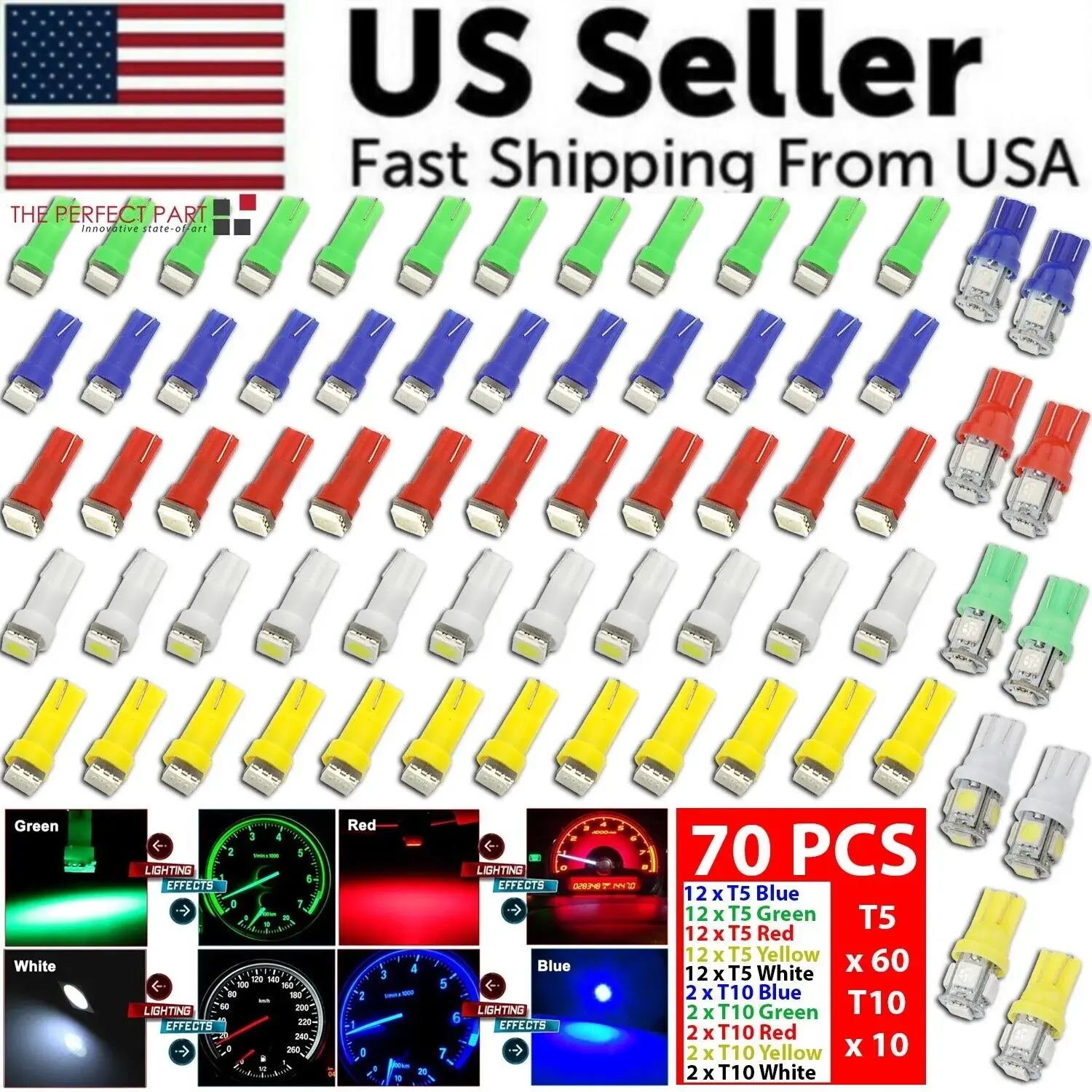 70PCS 5050-LED SMD Bulb Set for Cars/Motorcycles, T5-T10 Automotive Speedometer Instrument Gauge Cluster Dash Lights