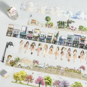 Street Corner Scenic Adhesive Tape, 1 Roll PET Material, City Encounter Series with 6 Urban Theme Decorative Stickers, Graphic Decal