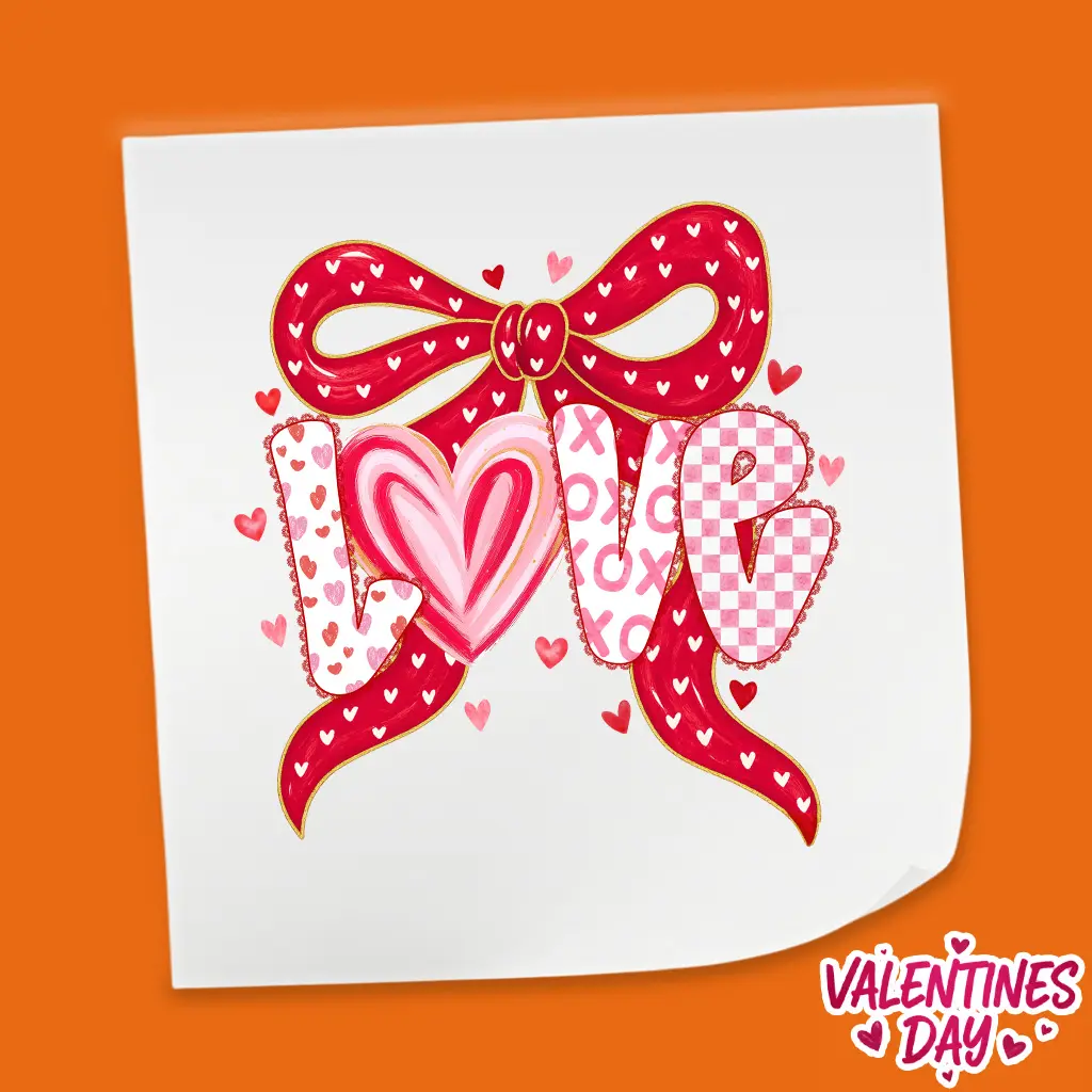 Love Bow Heart Typography - Valentine's Day DTF Heat Transfer Sheet