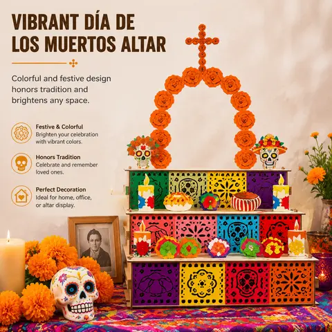 Day of the Dead Decor 3 Tier Wooden Altar Display Set, Mini Ofrenda Table Decor with Sugar Skull, Marigold Flowers & Candle Decorations