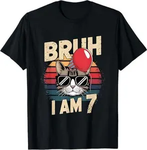 Bruh I Am 7 Cat Kids 7th Birthday Retro Sunset T-Shirt