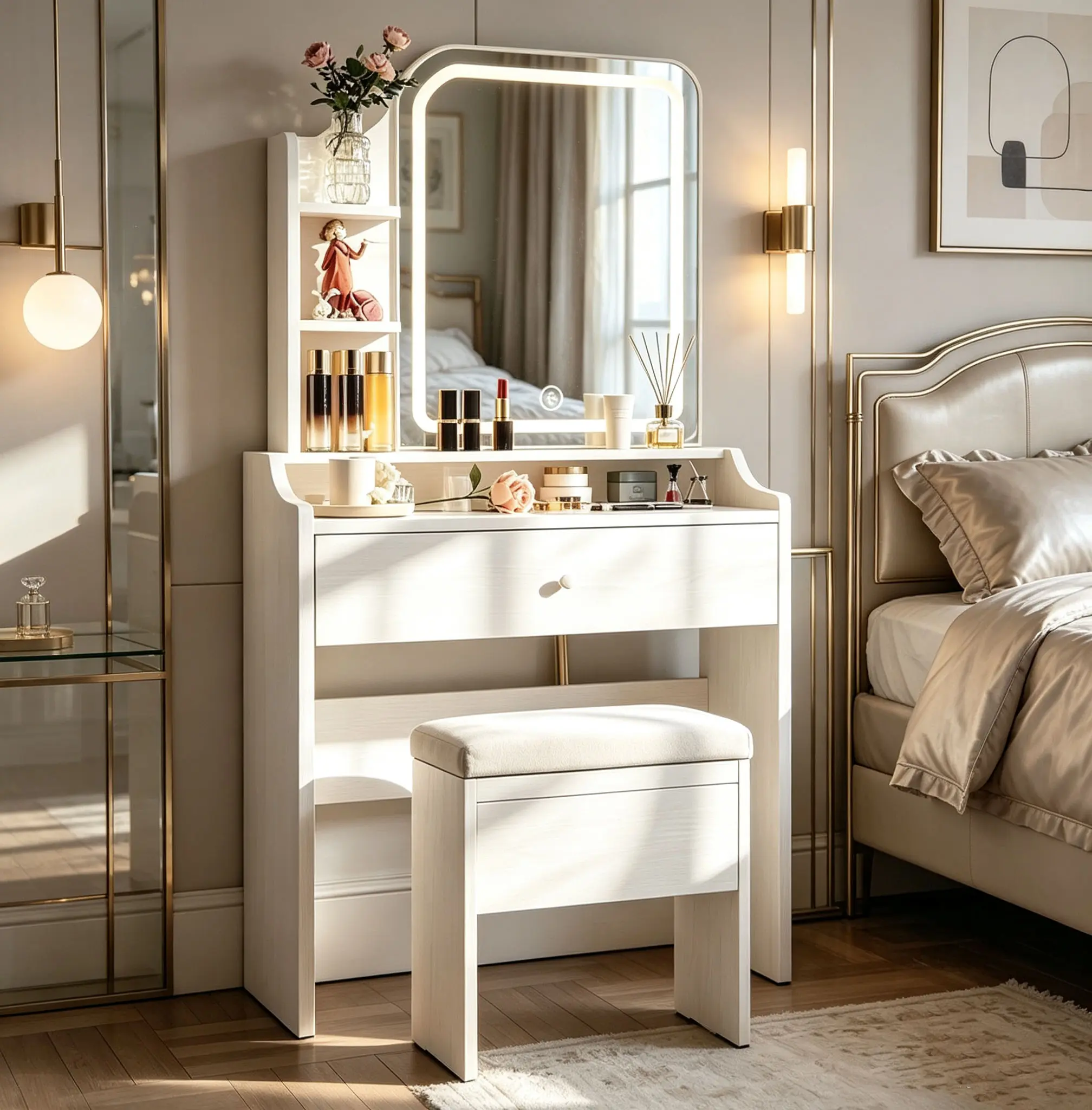 Modern Fold-Up Panel Makeup Vanity Desk, Compact White Indoor Furniture with LED Lights & Storage Drawers, Ideal for Small Bedrooms & Home Dressing Rooms (Suitable for Teens & Adults) organization