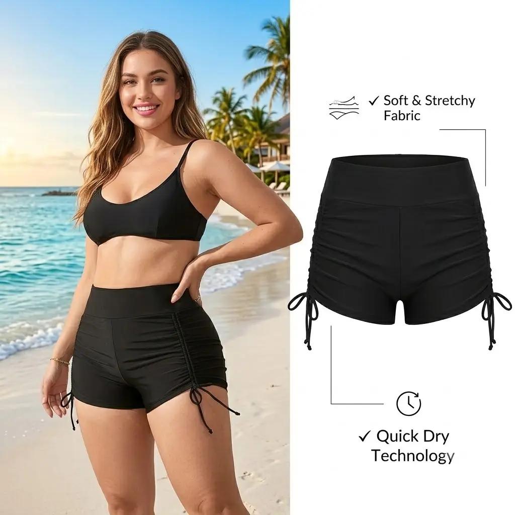 Female High Rise Swim Shorts, Ruched Polyester Active Wear with Tummy Control, Adjustable Side Drawstring Bathing Suit Bottoms, Women's Swim Trunks, Drawstring Waist, Elastic Waistband