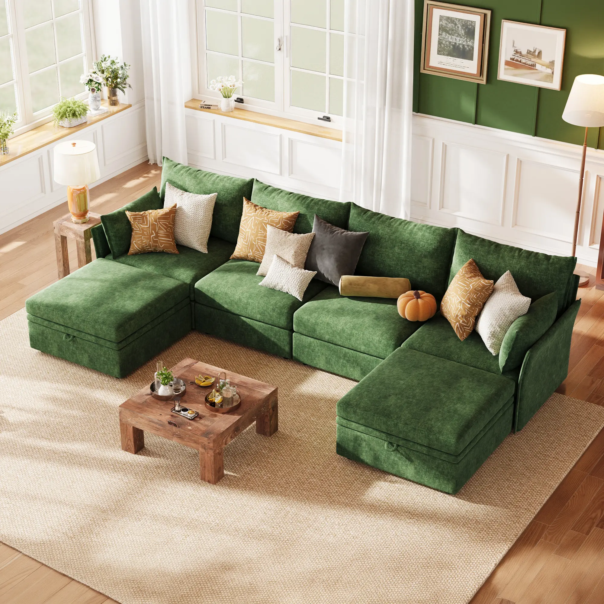 summervibes ABCASA Luxury Modular Sectional Cloud Sofa, L-Shaped & U-Shaped Oversized Couch with Storage Ottoman Deep Seat & Reversible Chaise Lounge Chenille Green for Compact Spaces, Apartments, Dorm summervibes